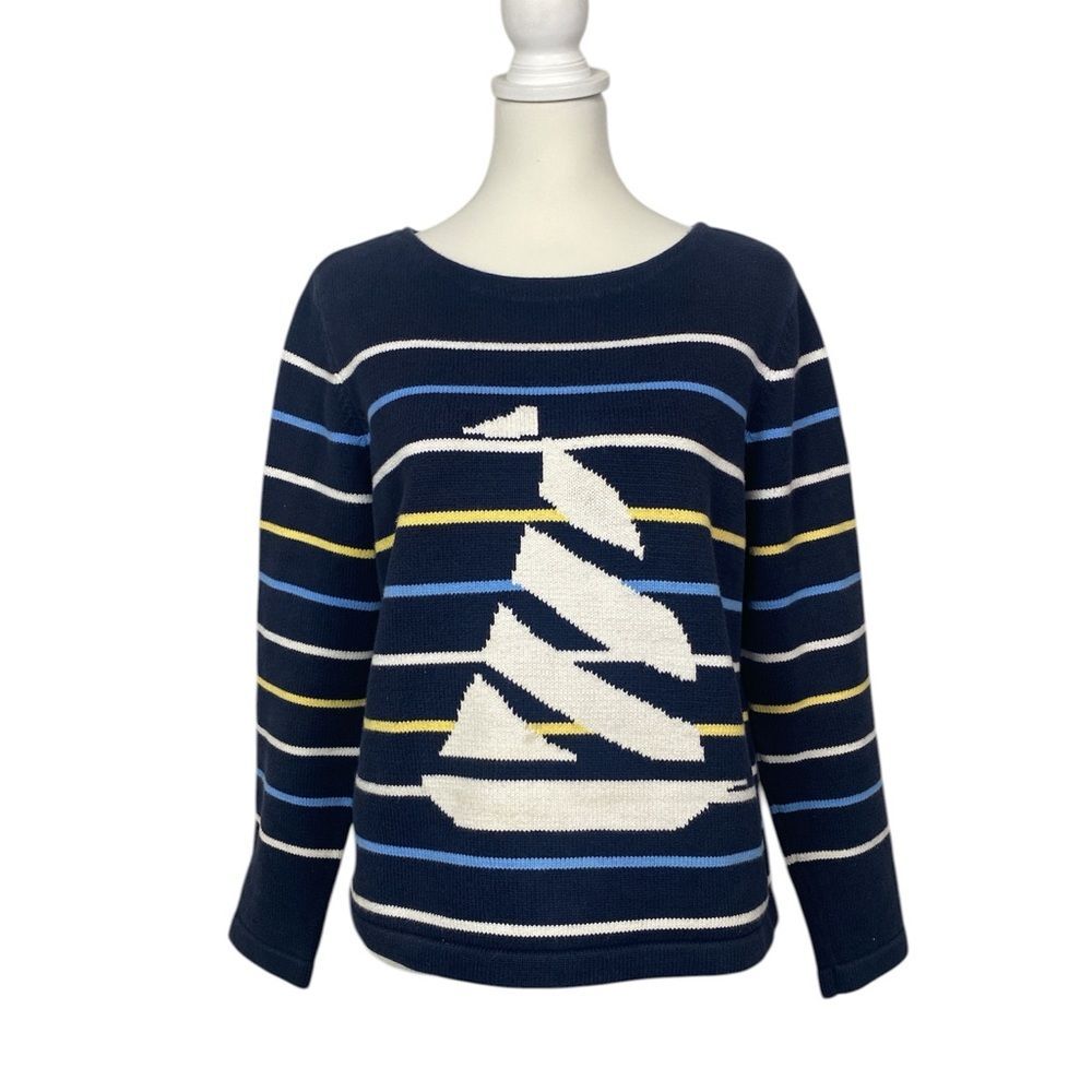 Crazy Horse Liz Claiborne Sweater Striped Sailboat Knit Nautical Cotton Pullover